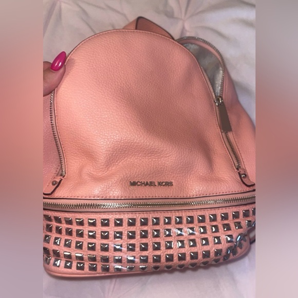 Michael Kors Coral Rhea Medium Studded Pebble Leather Backpack - Picture 7 of 12